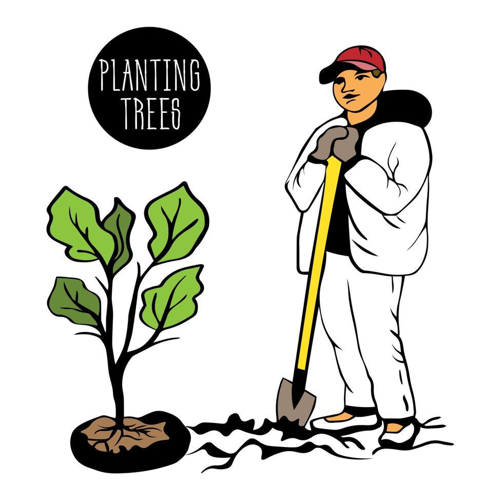 young man, male volunteer stands with shovel, digs hole, plants young tree, shrub. Saving the planet, greening the city vector