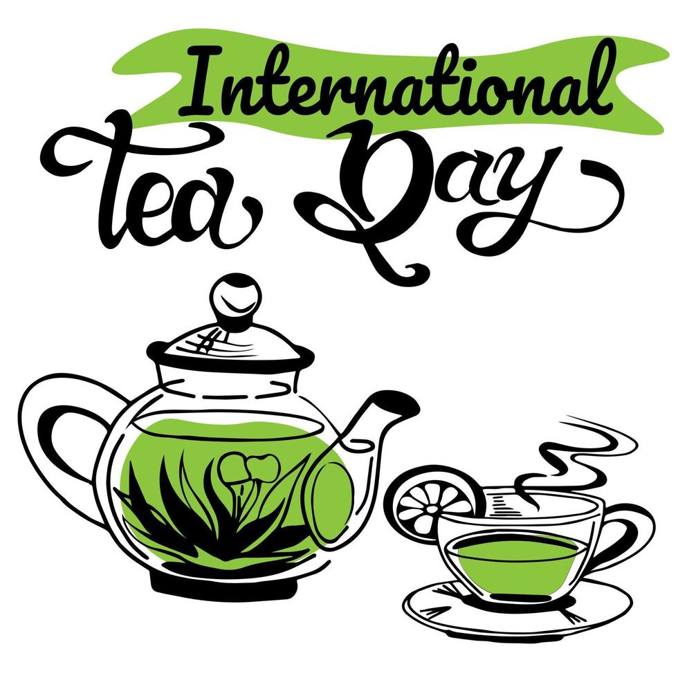 International Tea Day quote. glass teapot with fresh tea, cup with hot drink on lemon slice saucer. Time to drink tea. Pouring tea from kettle vector