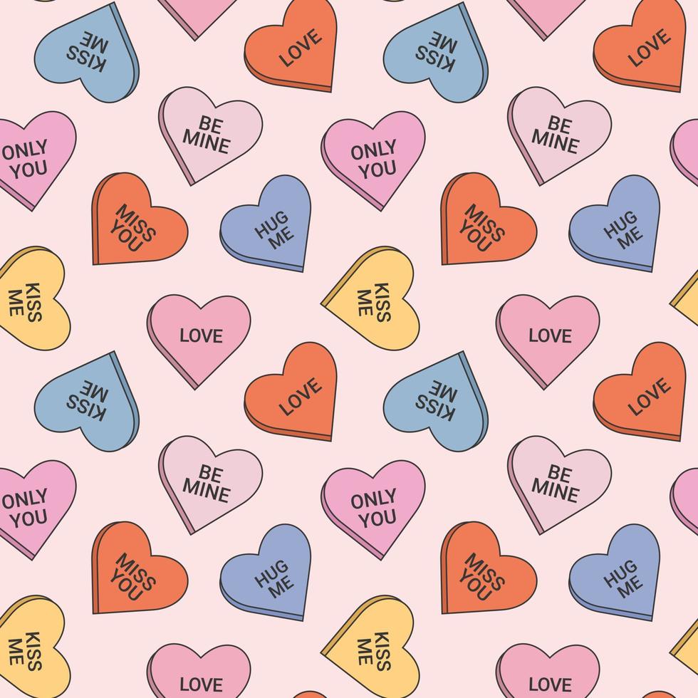 Seamless pattern in trendy retro groovy style. With valentines day elements. Candy hearts vector