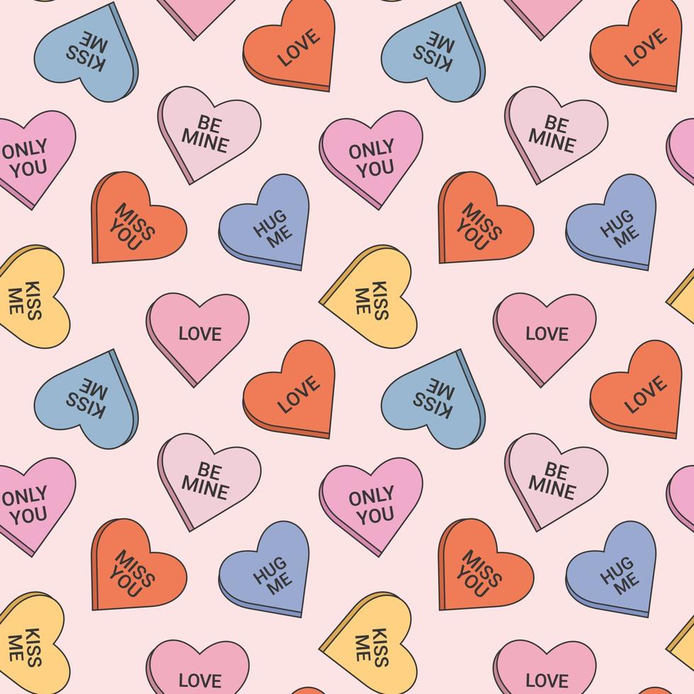 Seamless pattern in trendy retro groovy style. With valentines day elements. Candy hearts vector