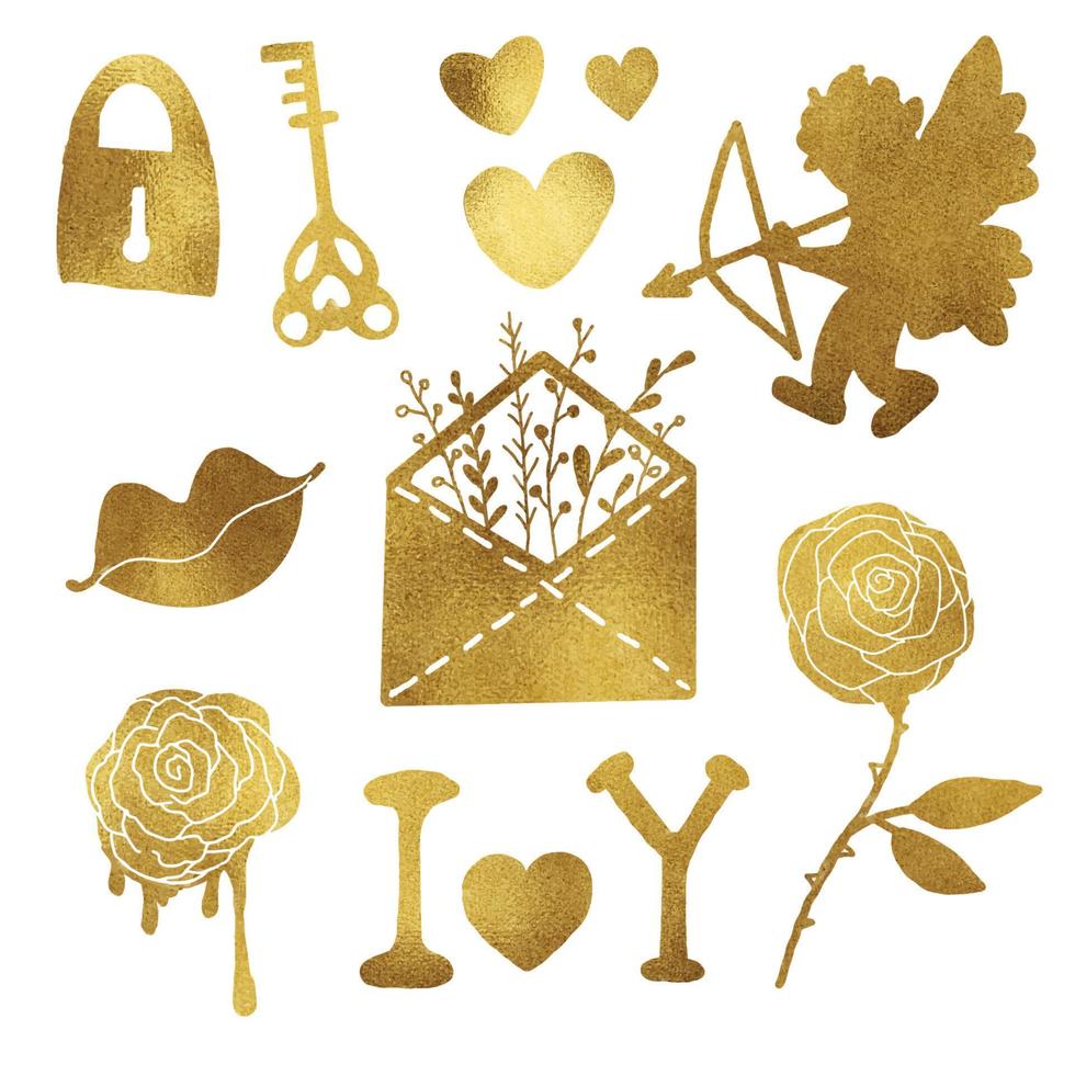 Valentine's day, February 14. Vector glitter gold illustrations of love, heart, valentine, key, flowers.