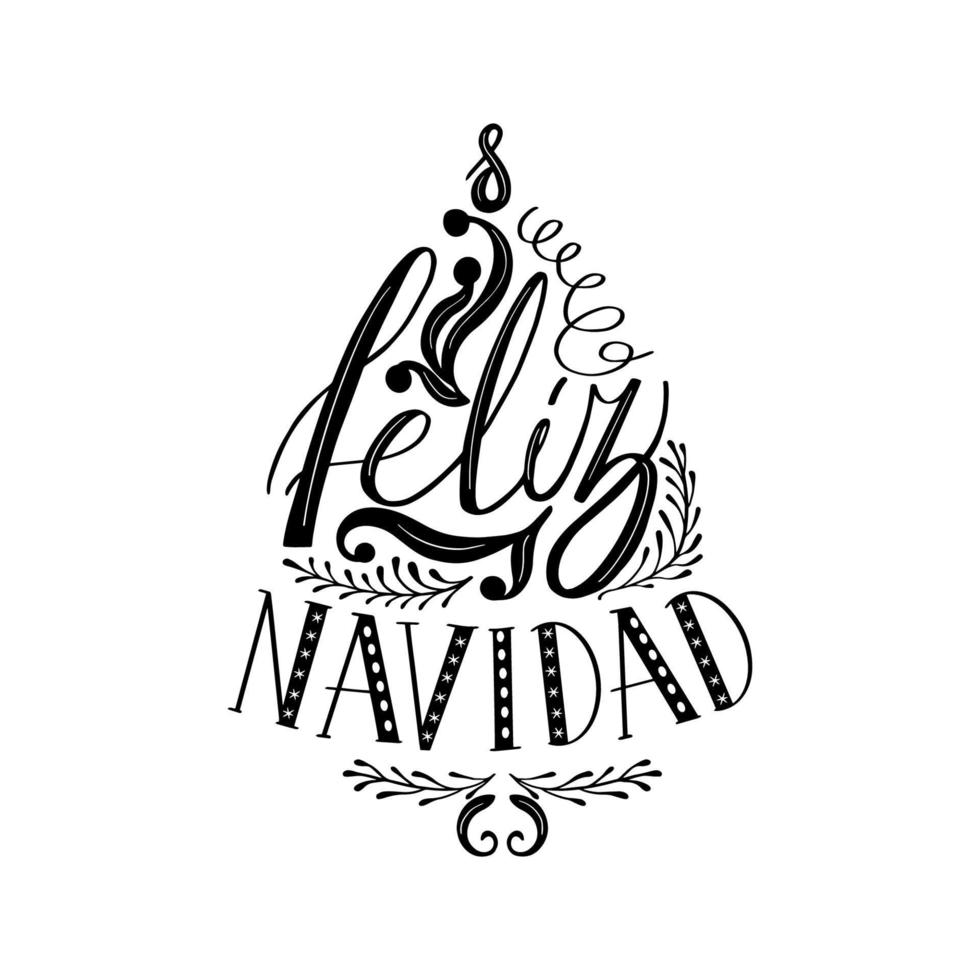 Black Feliz Navidad lettering design - Merry Christmas translation to Spanish language. Christmas calligraphy graphic element isolated. Spanish winter holiday decorative vector illustration