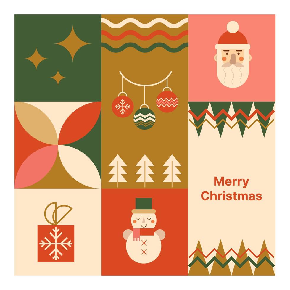 afiche geométrico de navidad hecho de íconos geométricos simples - santa, bola de navidad, muñeco de nieve, árbol de navidad, copo de nieve. fondo geométrico rojo, verde y dorado. ilustración vectorial en estilo plano vector