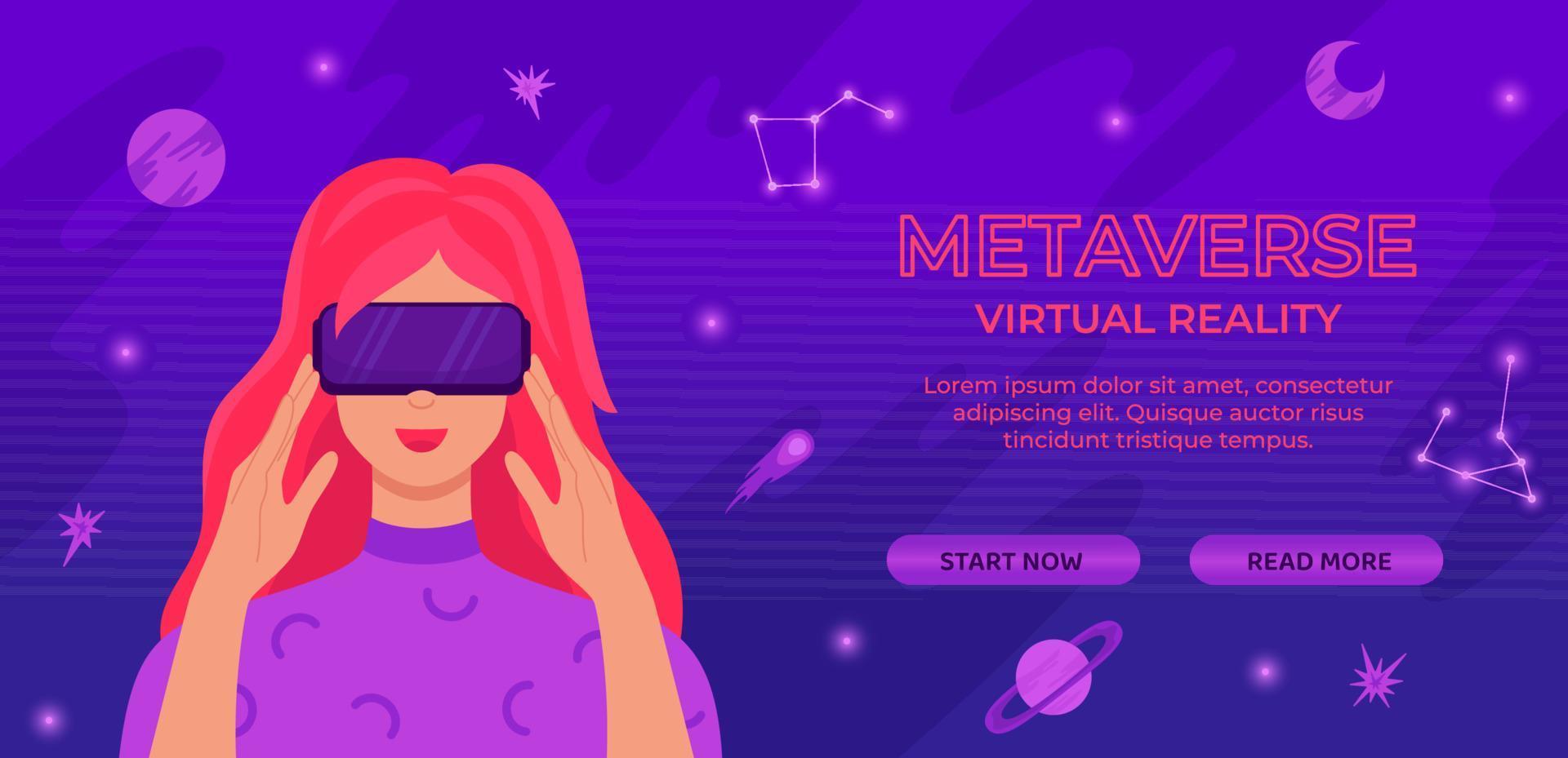 plantilla de banner de metaverso de tecnología vr y ar. mujer con auriculares y auriculares de realidad virtual. simulación digital del mundo cibernético, juegos, educación. ideal para página de destino, interfaz de usuario, diseño de sitios web vector