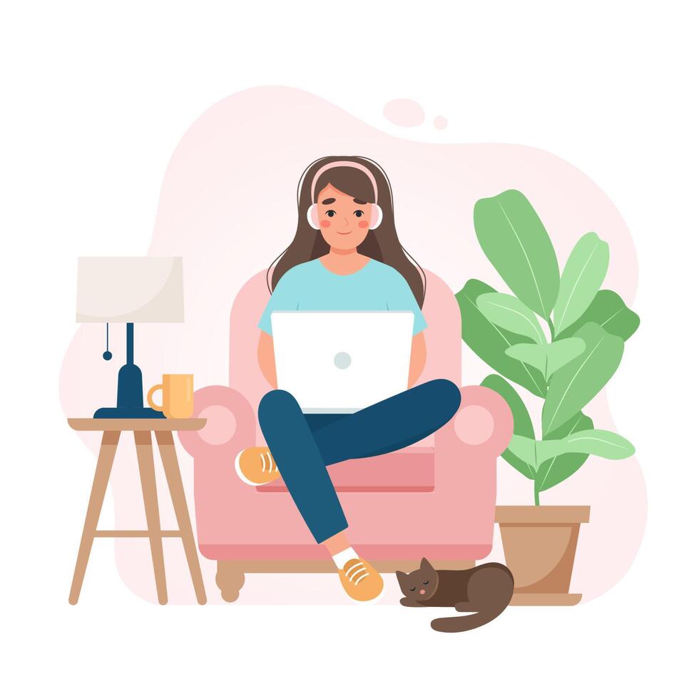 Work from home concept, woman on a chair with laptop, student or freelancer. Cute vector illustration in flat style