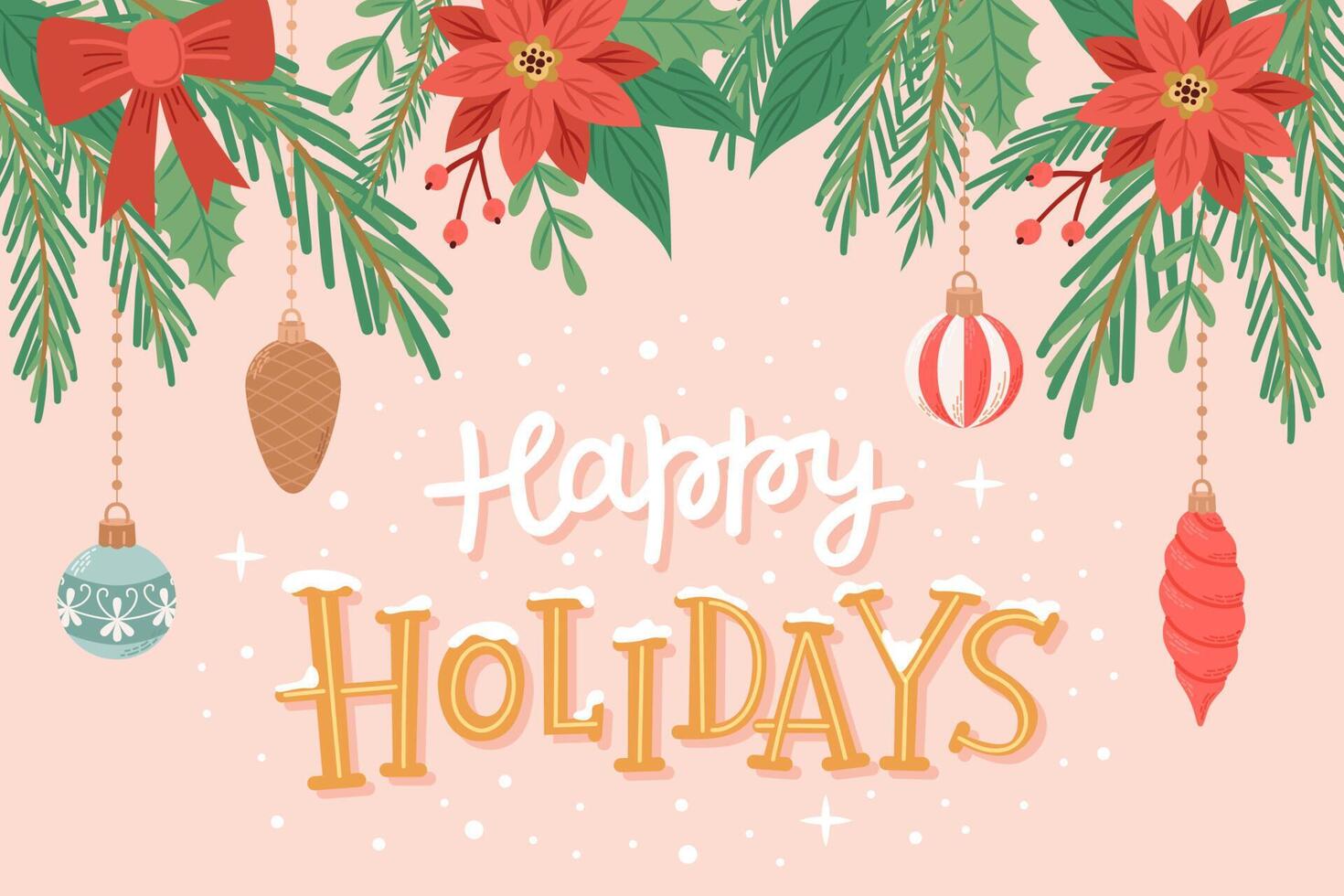 Happy holidays, greeting card with cute branches, hanging decorations