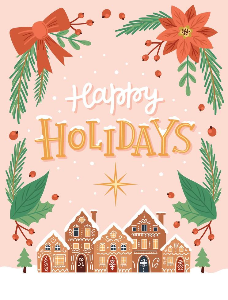 felices fiestas, tarjeta de felicitación con lindas casas de pan de jengibre y letras dibujadas a mano. ilustración vectorial en estilo de dibujos animados plana vector