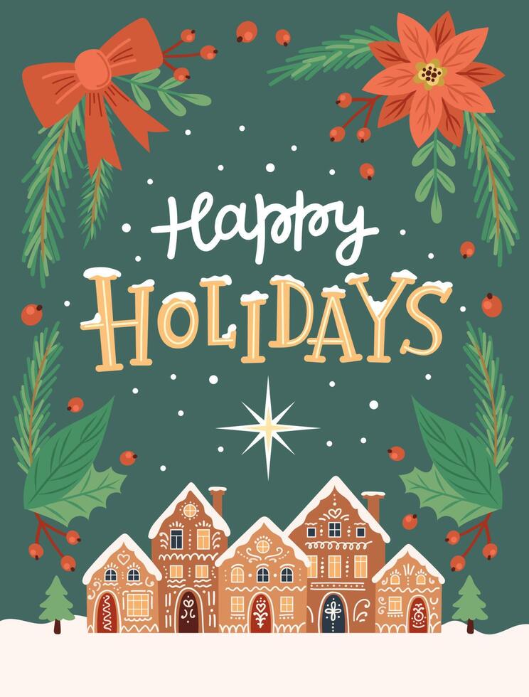 felices fiestas, tarjeta de felicitación con lindas casas de pan de jengibre y letras dibujadas a mano. ilustración vectorial en estilo de dibujos animados plana vector