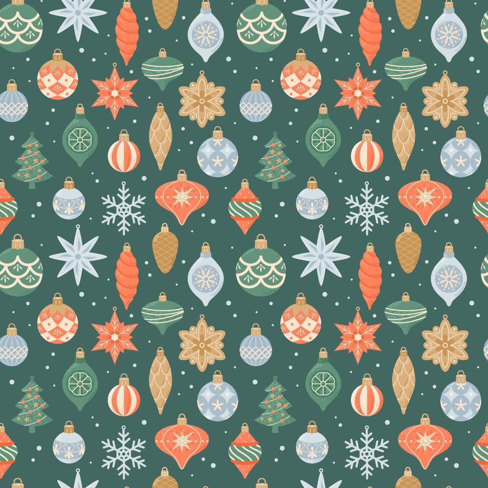 Merry Christmas, seamless pattern with cute vintage hanging decorations. Vector illustration in flat cartoon style