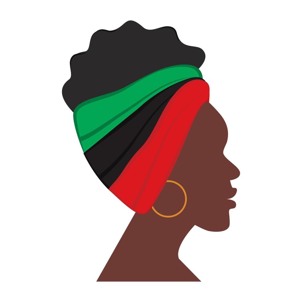 perfil de mujer afroamericana con diadema en tonos africanos tradicionales. pegatina. icono. aislar. vector