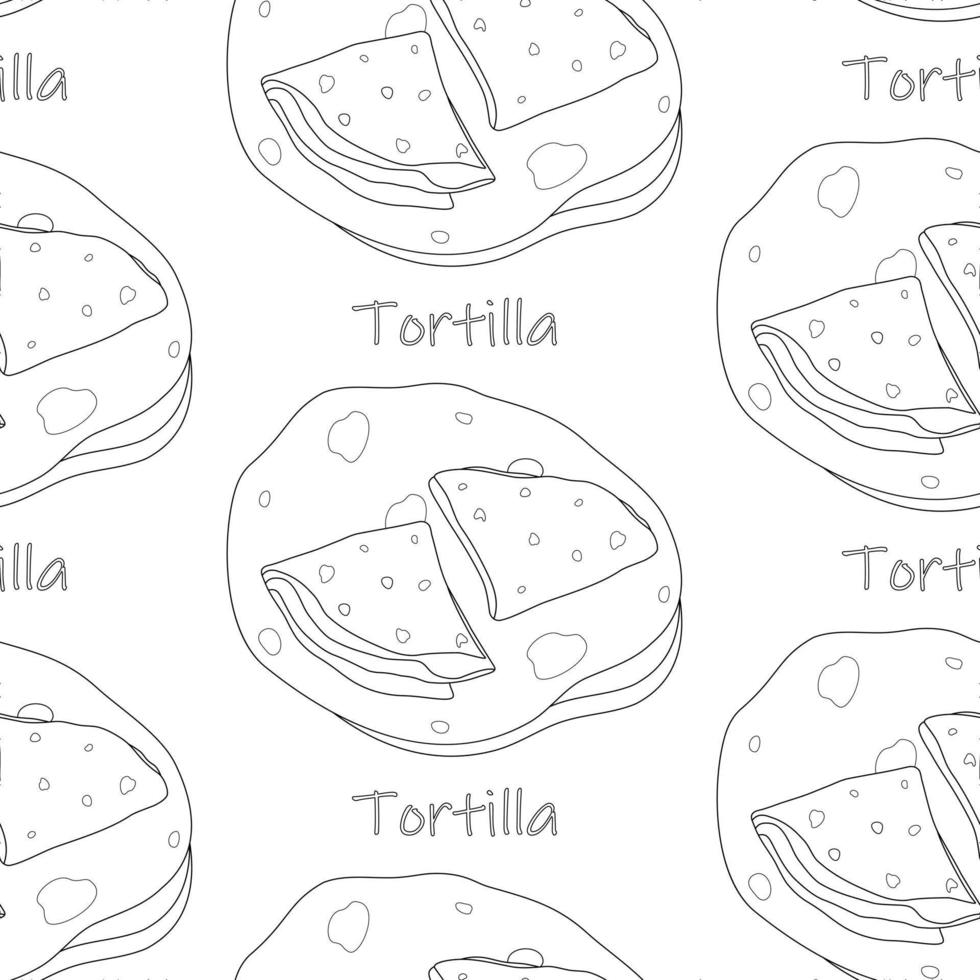 patrón sin costuras de pila de tortilla mexicana de maíz con letras. comida tradicional latinoamericana vector