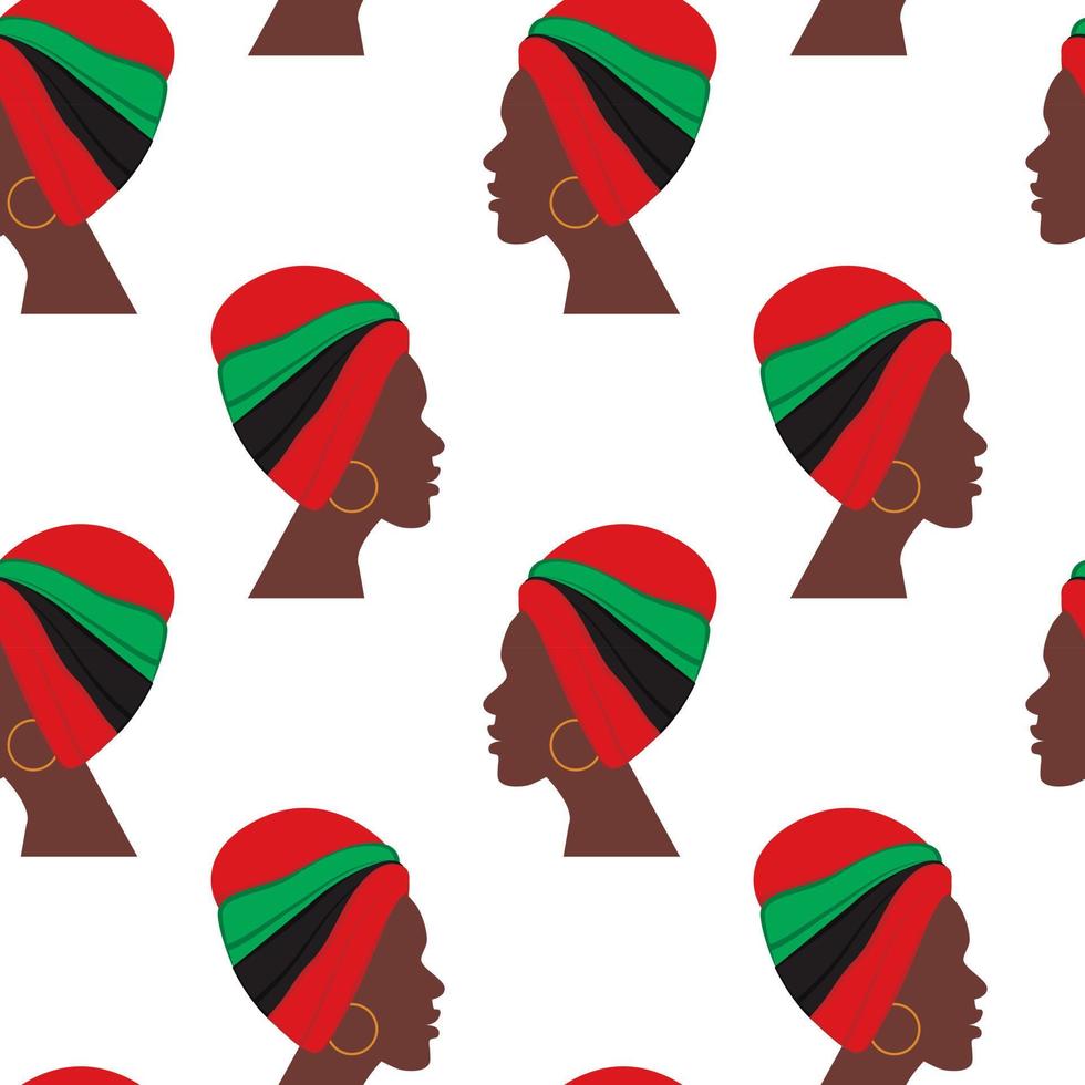 Seamless pattern of the profile African woman with turban in national hues turned in different way vector