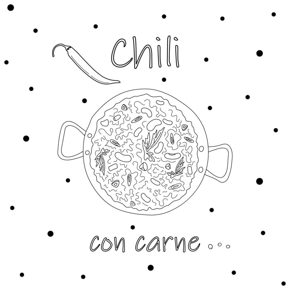 Chili con carne in a deep saucepan against background of the inscription and a chili pepper. Doodle vector