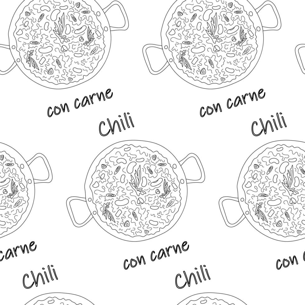 patrón impecable de chili con carne con frijoles y rebanadas con letras. comida latinoamericana. vector