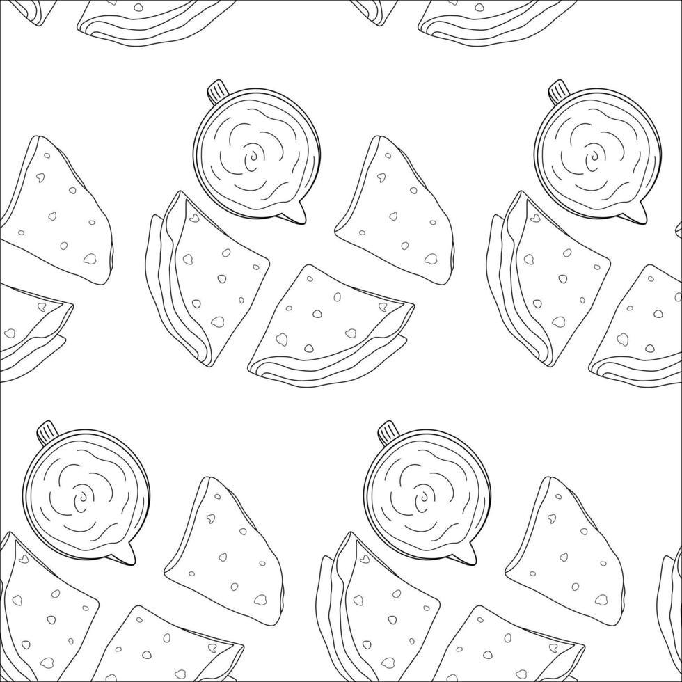 Endless pattern from Corn tortillas folded in triangle with sauce in gravy boat. Latin American food vector