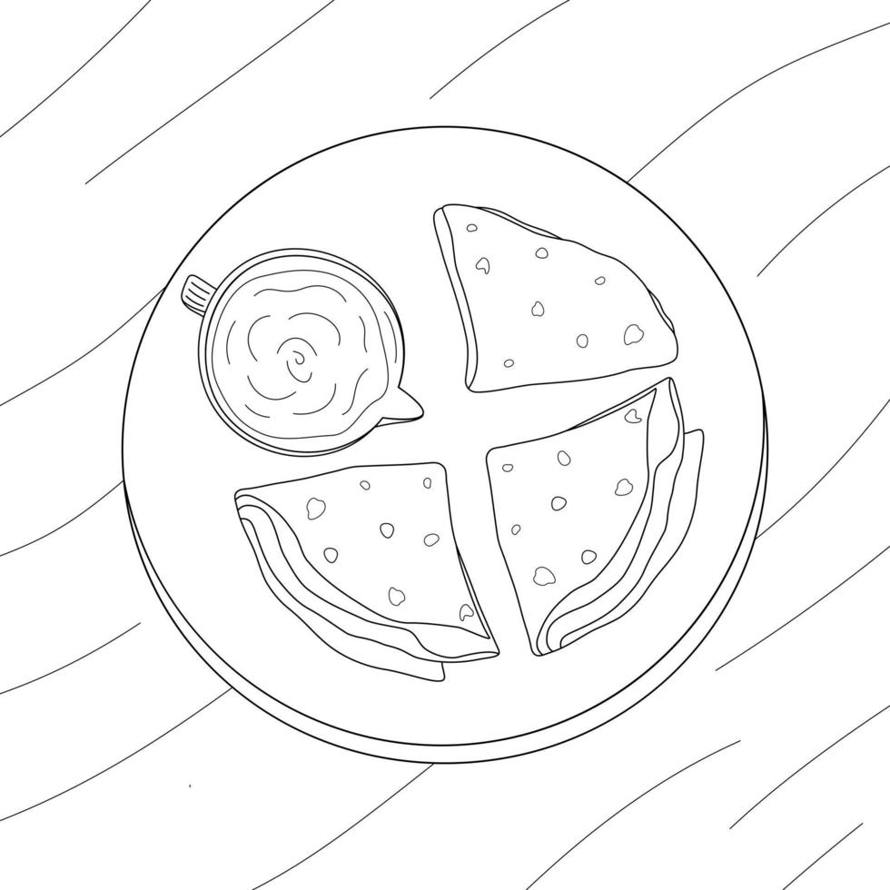 Triangle folded cornmeal tortillas and sauceboat on a round plate on a wooden background. Line art vector