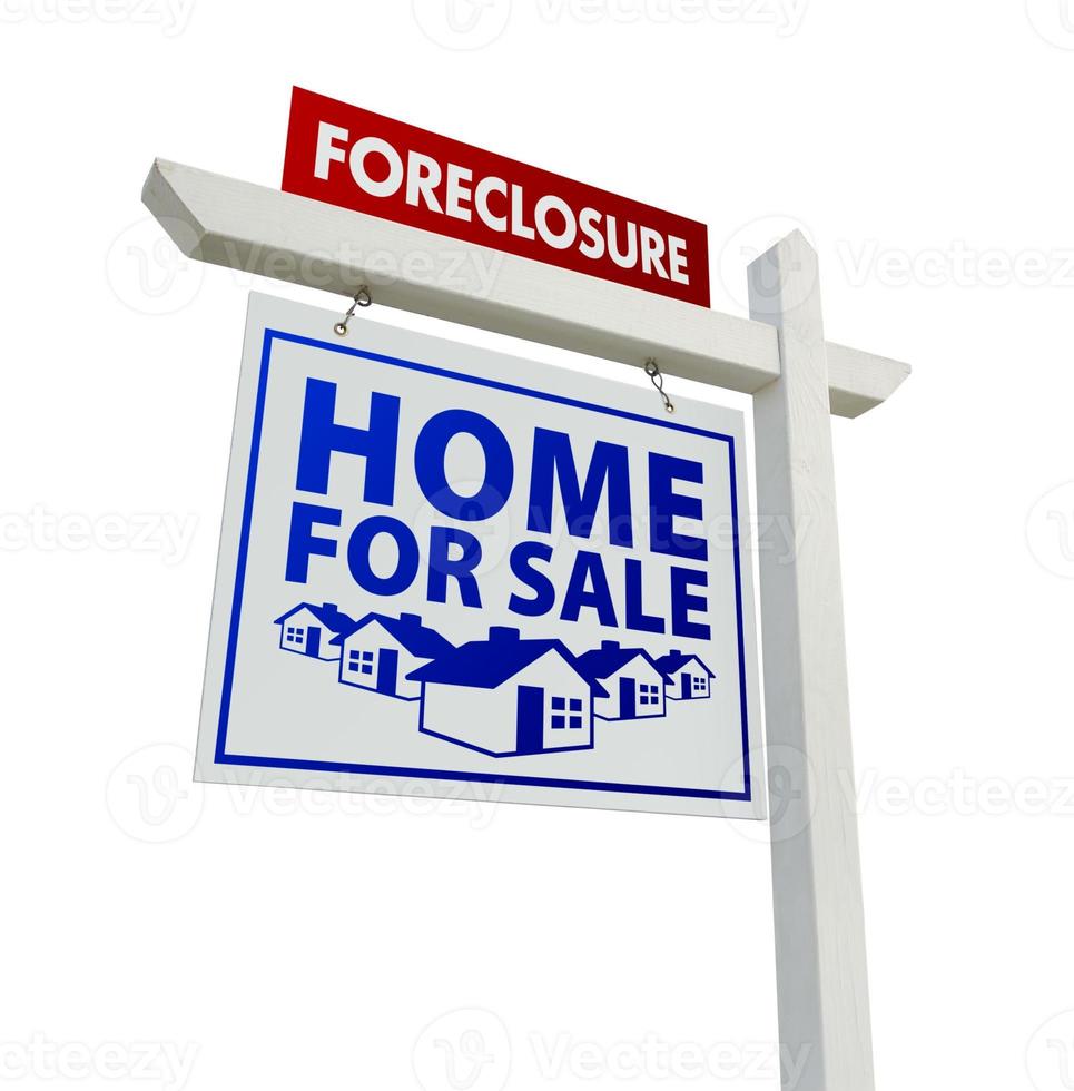 Red and Blue Foreclosure Home For Sale Real Estate Sign on White photo