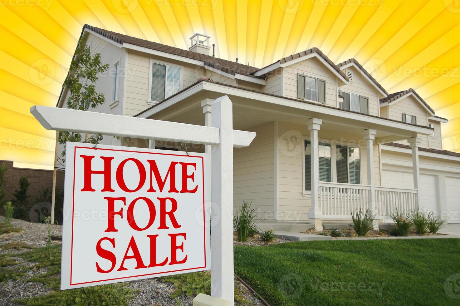 Home For Sale sign with Yellow Star-burst Background. photo