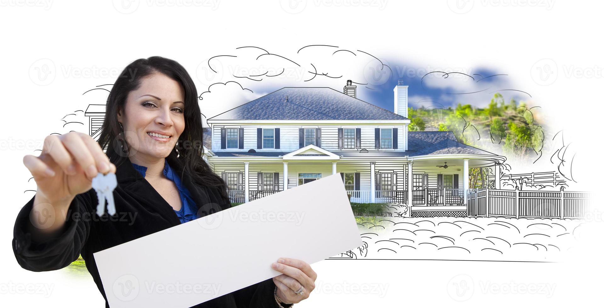 Woman, Keys, Blank Sign Over House Drawing and Photo on White