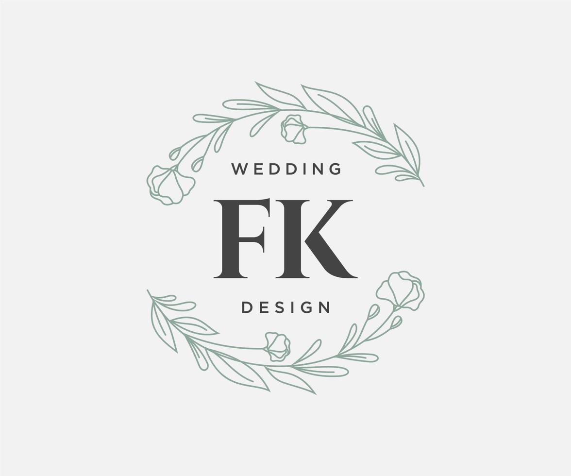 colección de logotipos de monograma de boda con letras iniciales fk, plantillas florales y minimalistas modernas dibujadas a mano para tarjetas de invitación, guardar la fecha, identidad elegante para restaurante, boutique, café en vector