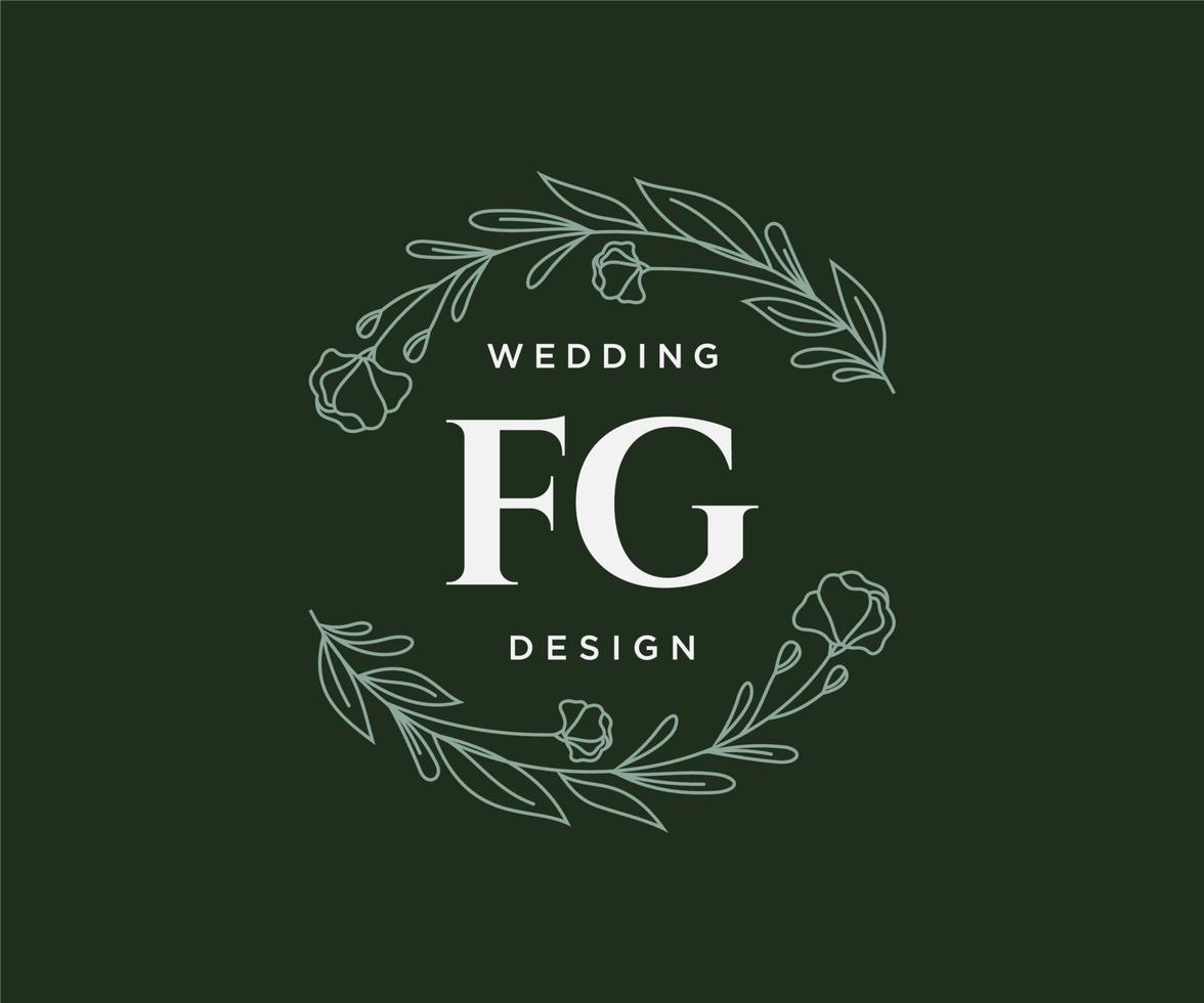 Colección de logotipos de monograma de boda con letras iniciales fg, plantillas florales y minimalistas modernas dibujadas a mano para tarjetas de invitación, guardar la fecha, identidad elegante para restaurante, boutique, café en vector