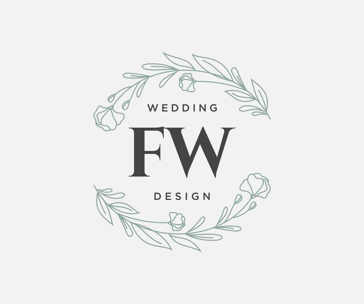 colección de logotipos de monogramas de boda con letras iniciales fw, plantillas florales y minimalistas modernas dibujadas a mano para tarjetas de invitación, guardar la fecha, identidad elegante para restaurante, boutique, café en vector