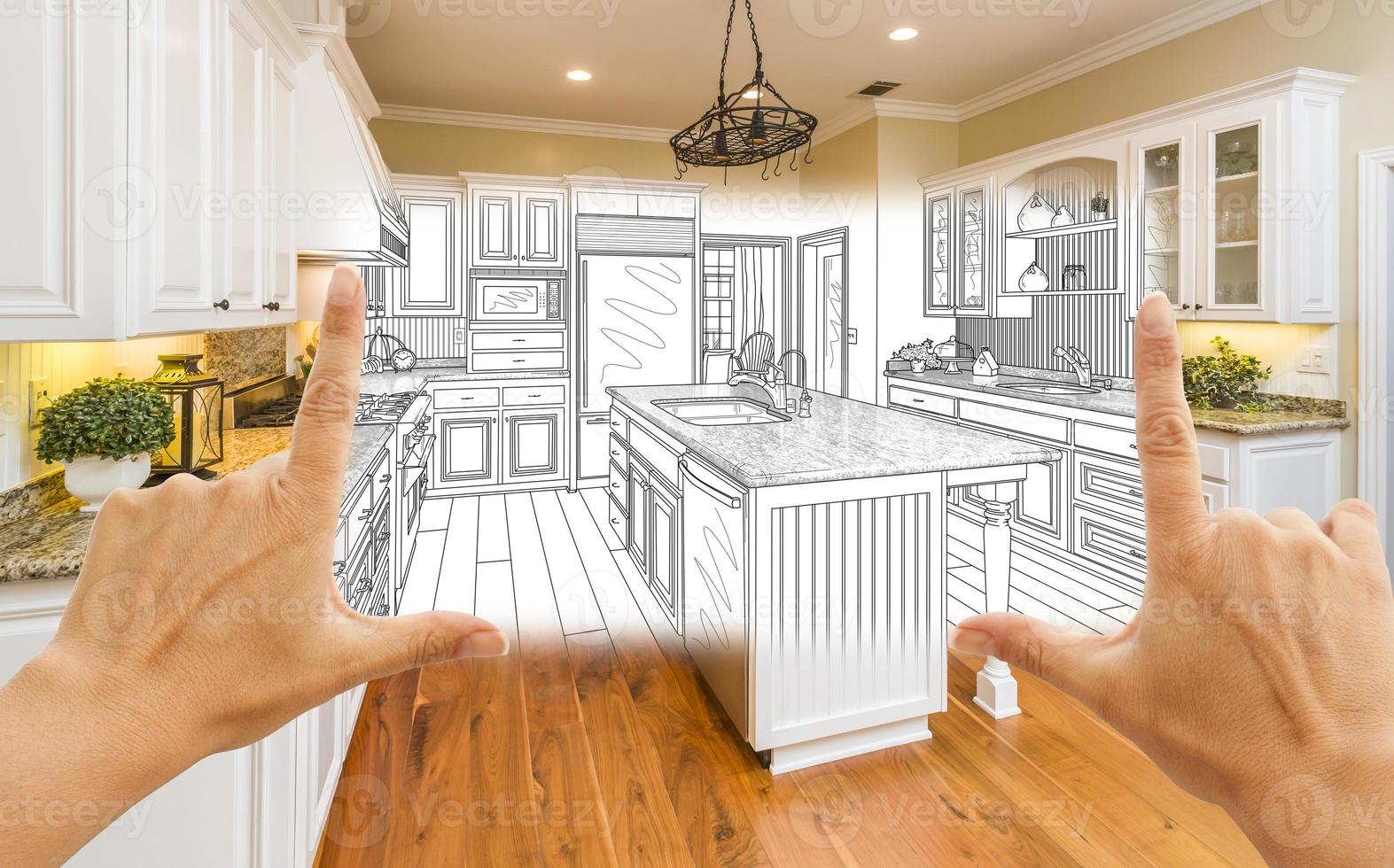 Hands Framing Custom Kitchen Design Drawing and Square Photo Combination