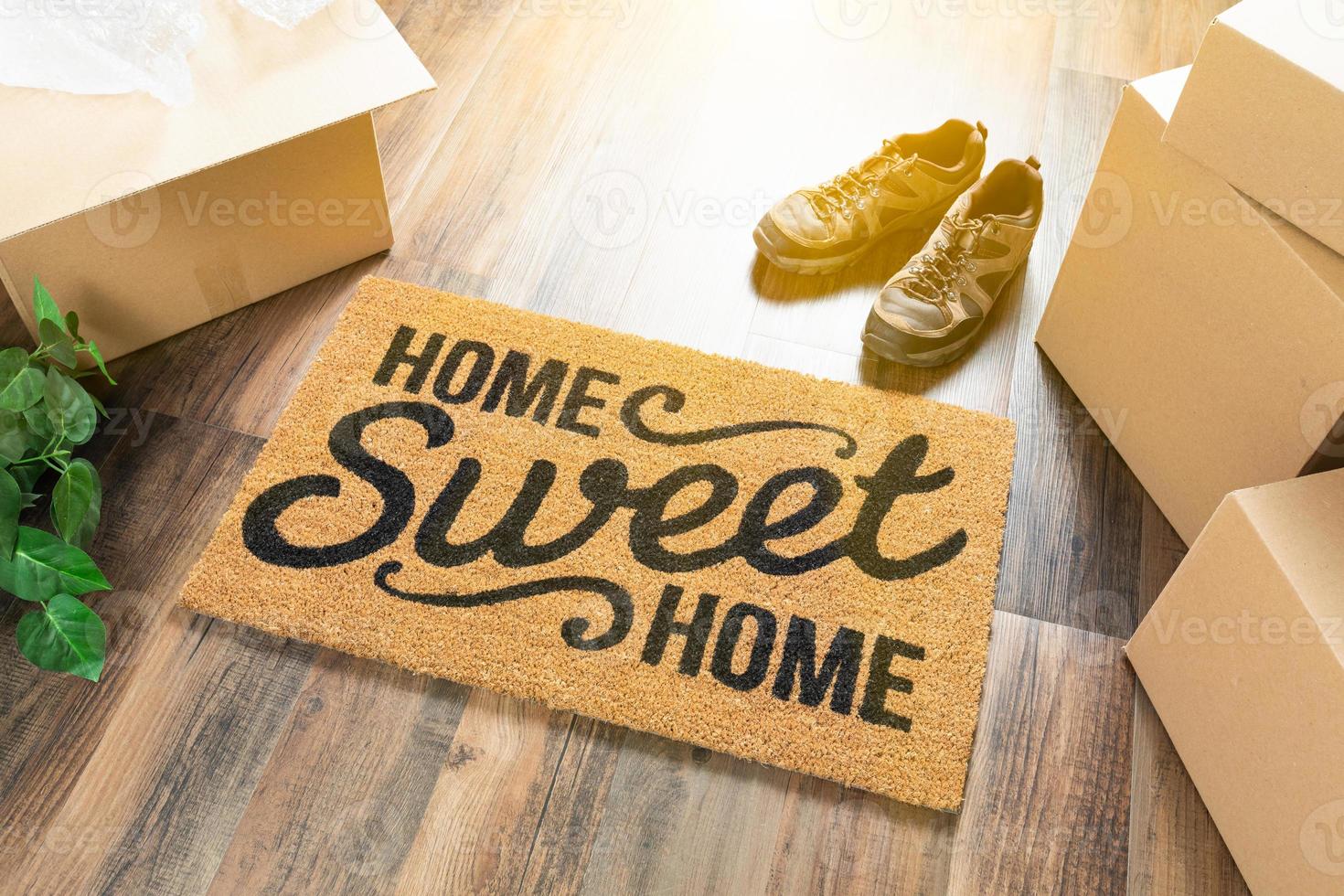 Home Sweet Home Welcome Mat, Moving Boxes, Shoes and Plant on Hard Wood Floors photo