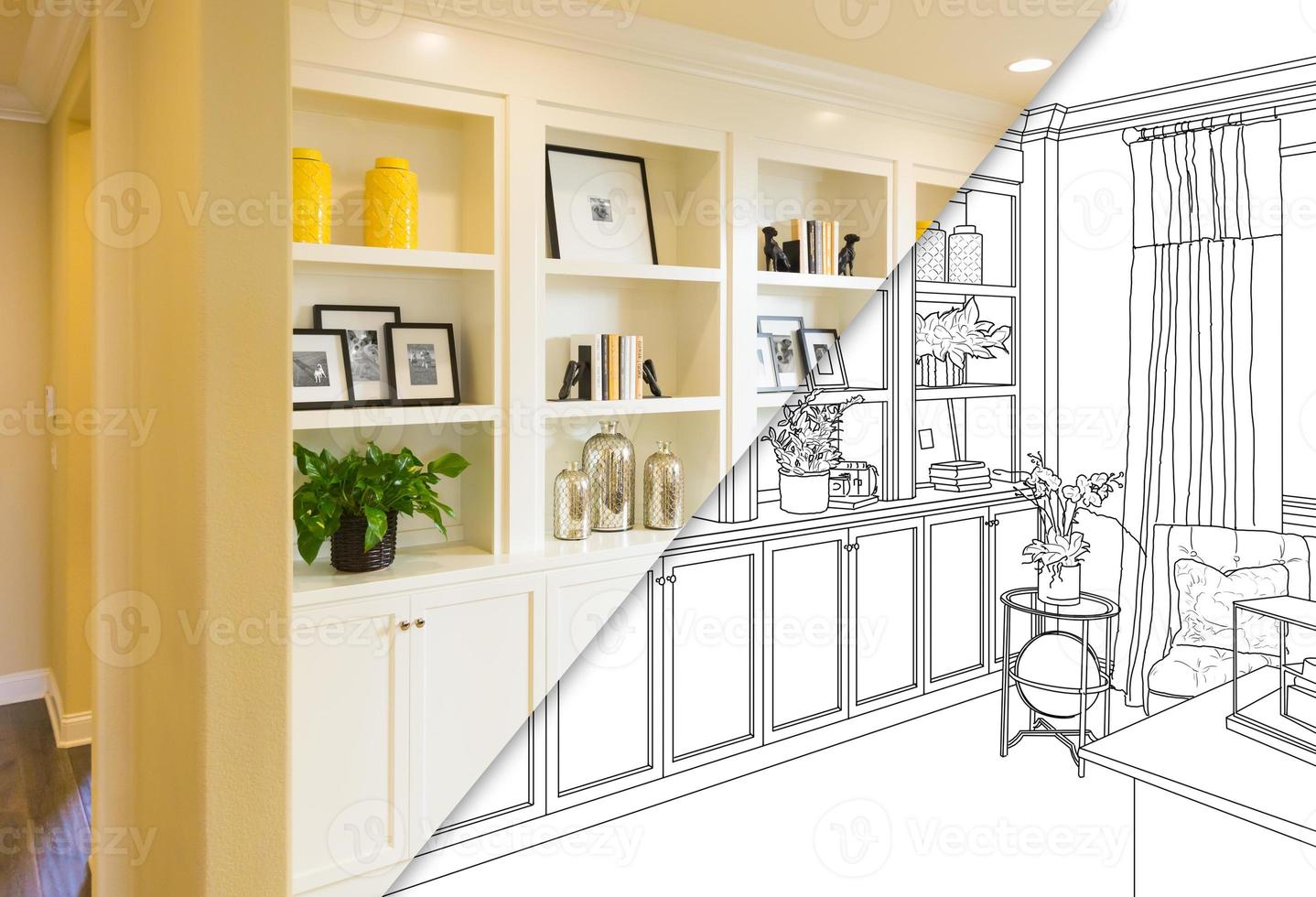 Custom Built-in Shelves and Cabinets Design Drawing with Cross Section of Finished Photo