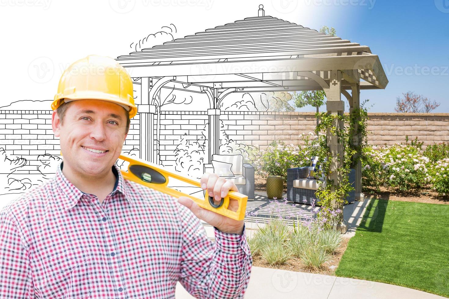 Contractor In Front of Drawing Gradating Into Photo of Finished Patio Cover