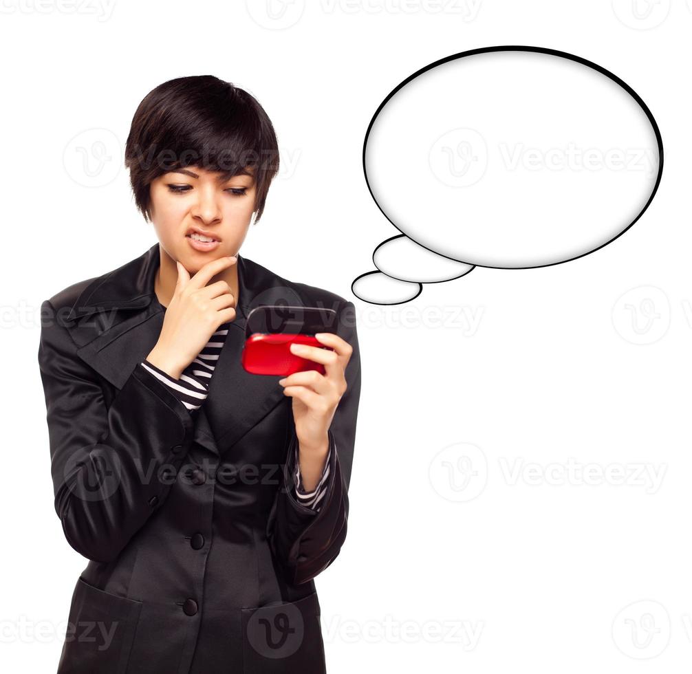 Beautiful Multiethnic Young Woman with Cell Phone and Blank Thought Bubbles photo