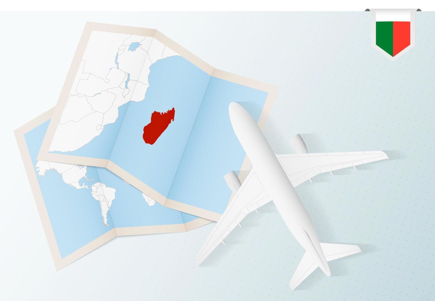 Travel to Madagascar, top view airplane with map and flag of Madagascar. vector