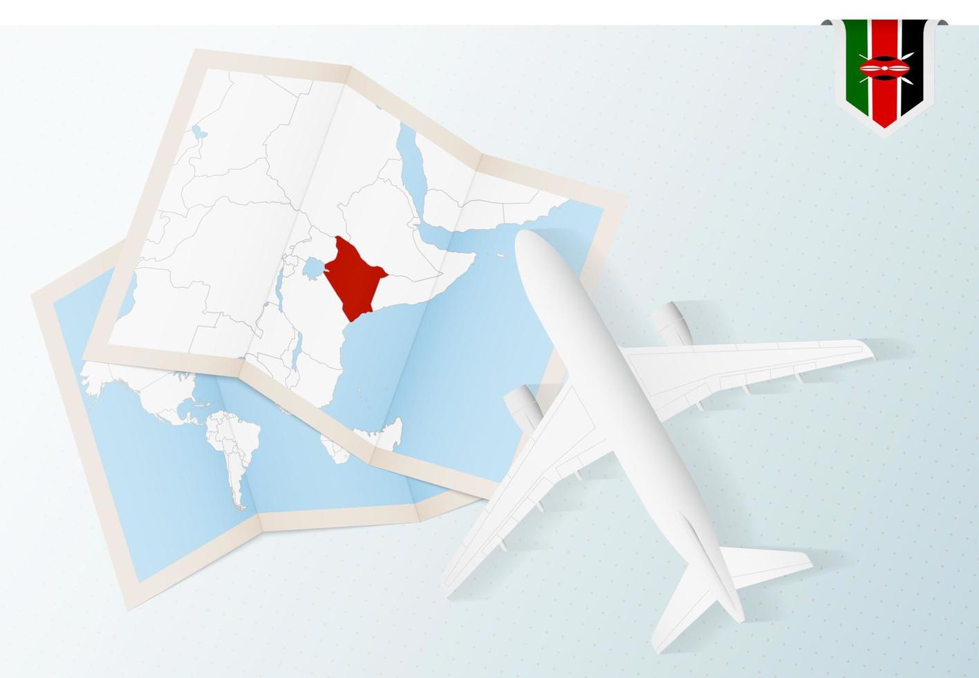 Travel to Kenya, top view airplane with map and flag of Kenya. vector