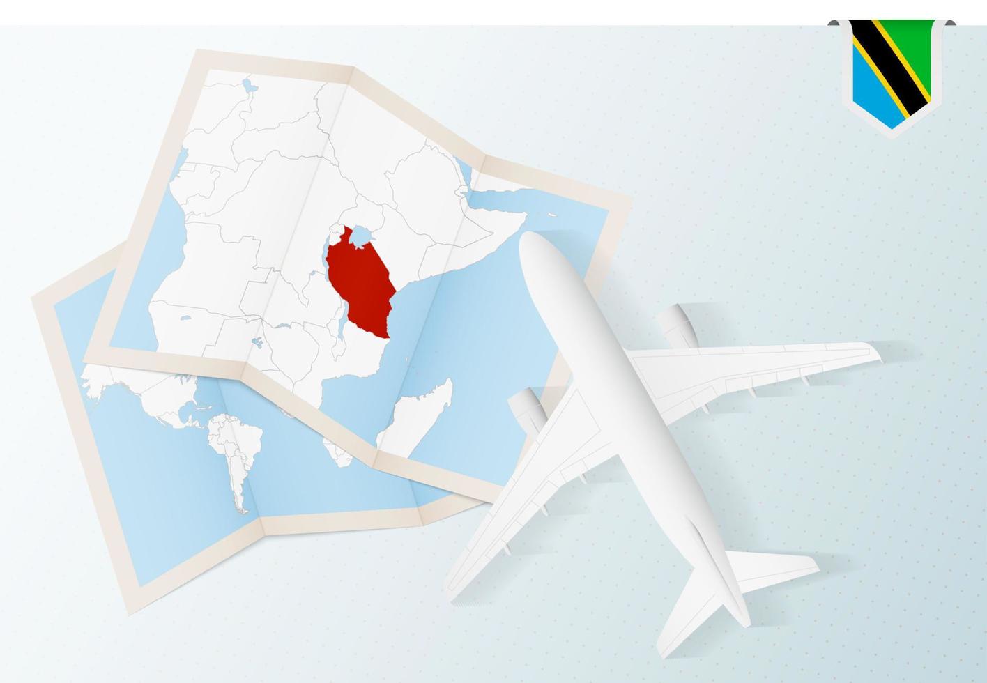 Travel to Tanzania, top view airplane with map and flag of Tanzania. vector