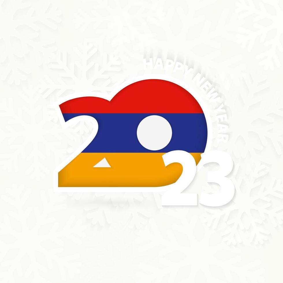 año nuevo 2023 para armenia sobre fondo de copos de nieve. vector