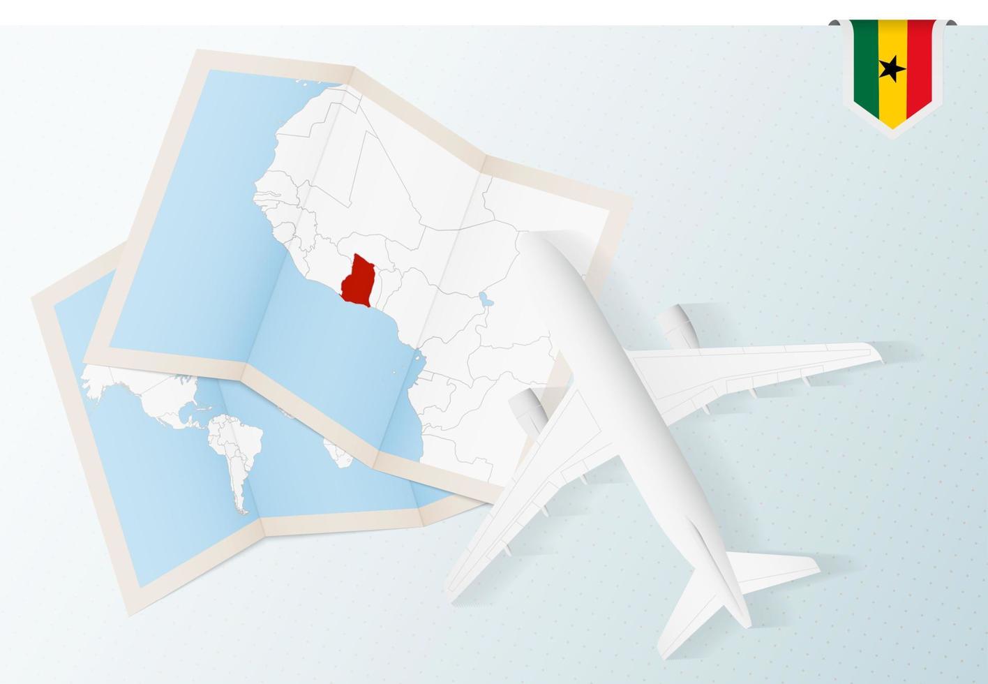Travel to Ghana, top view airplane with map and flag of Ghana. vector