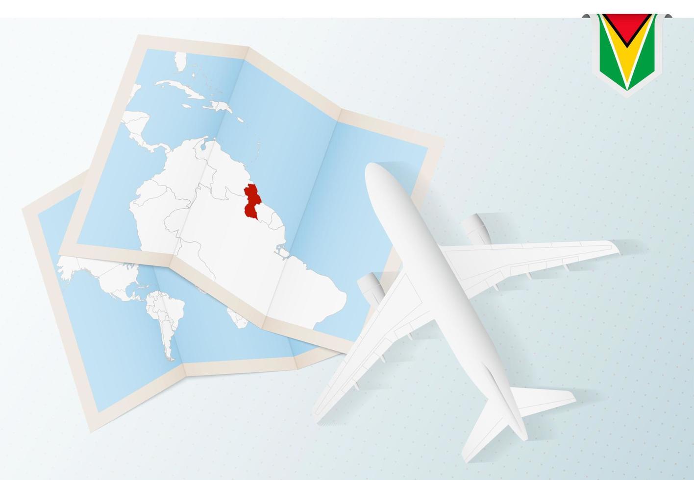 viaje a guyana, avión de vista superior con mapa y bandera de guyana. vector