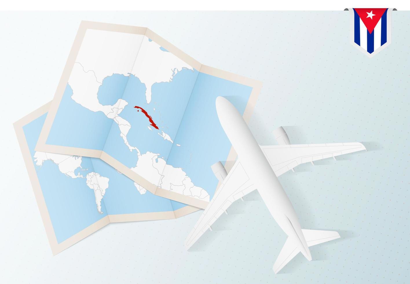 Travel to Cuba, top view airplane with map and flag of Cuba. vector