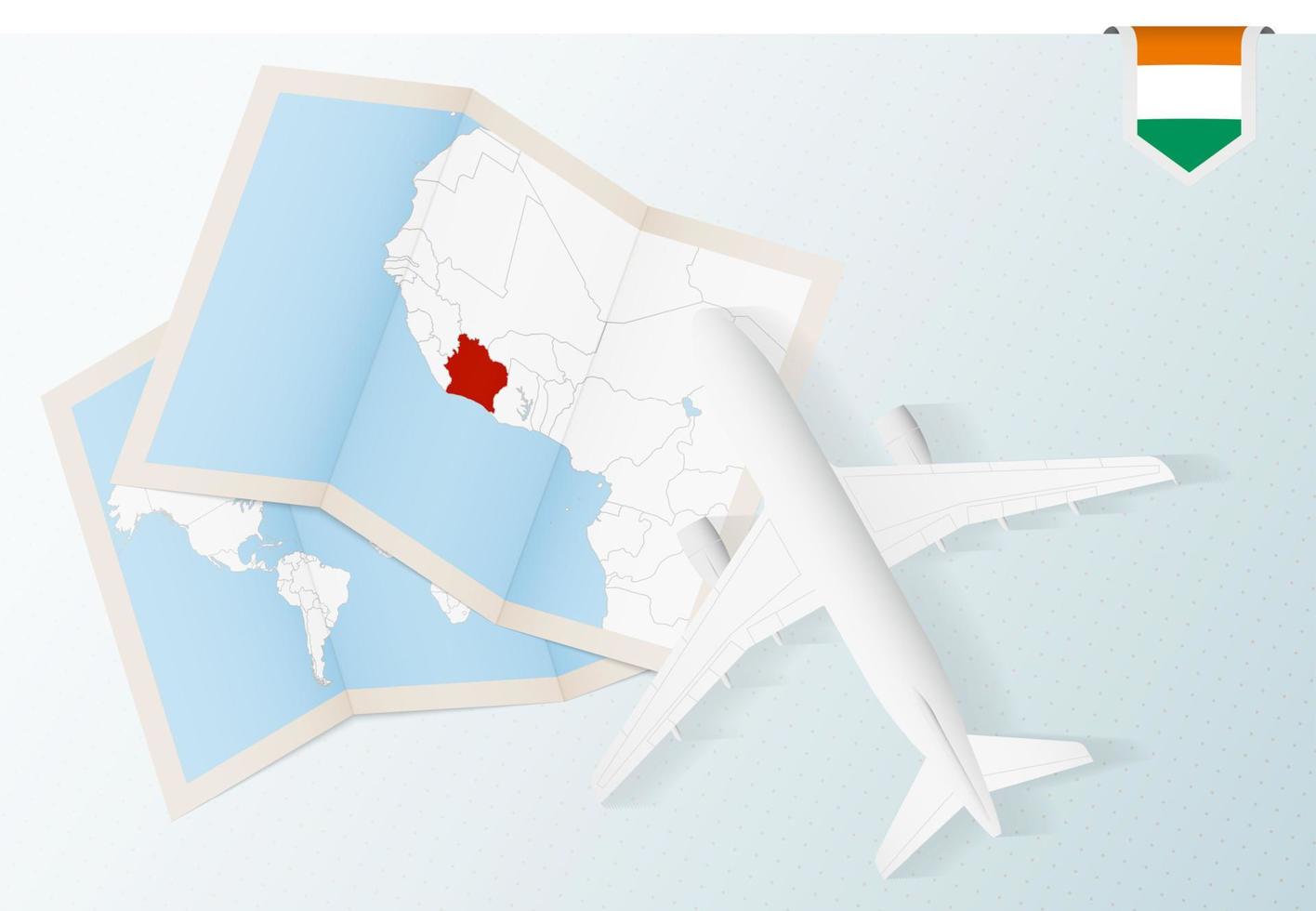 Travel to Ivory Coast, top view airplane with map and flag of Ivory Coast. vector