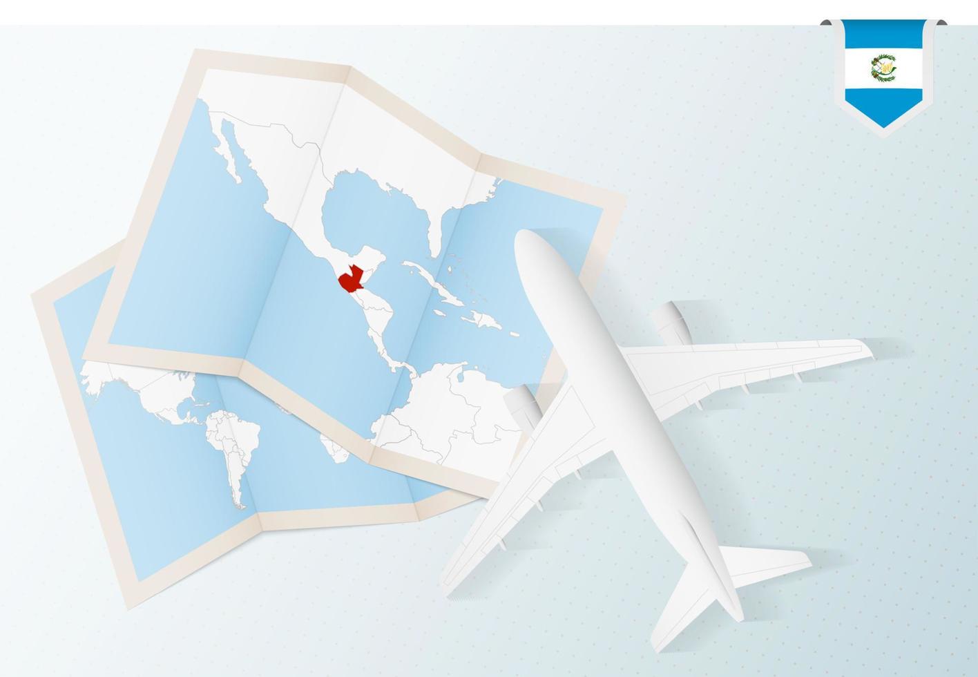 Travel to Guatemala, top view airplane with map and flag of Guatemala. vector