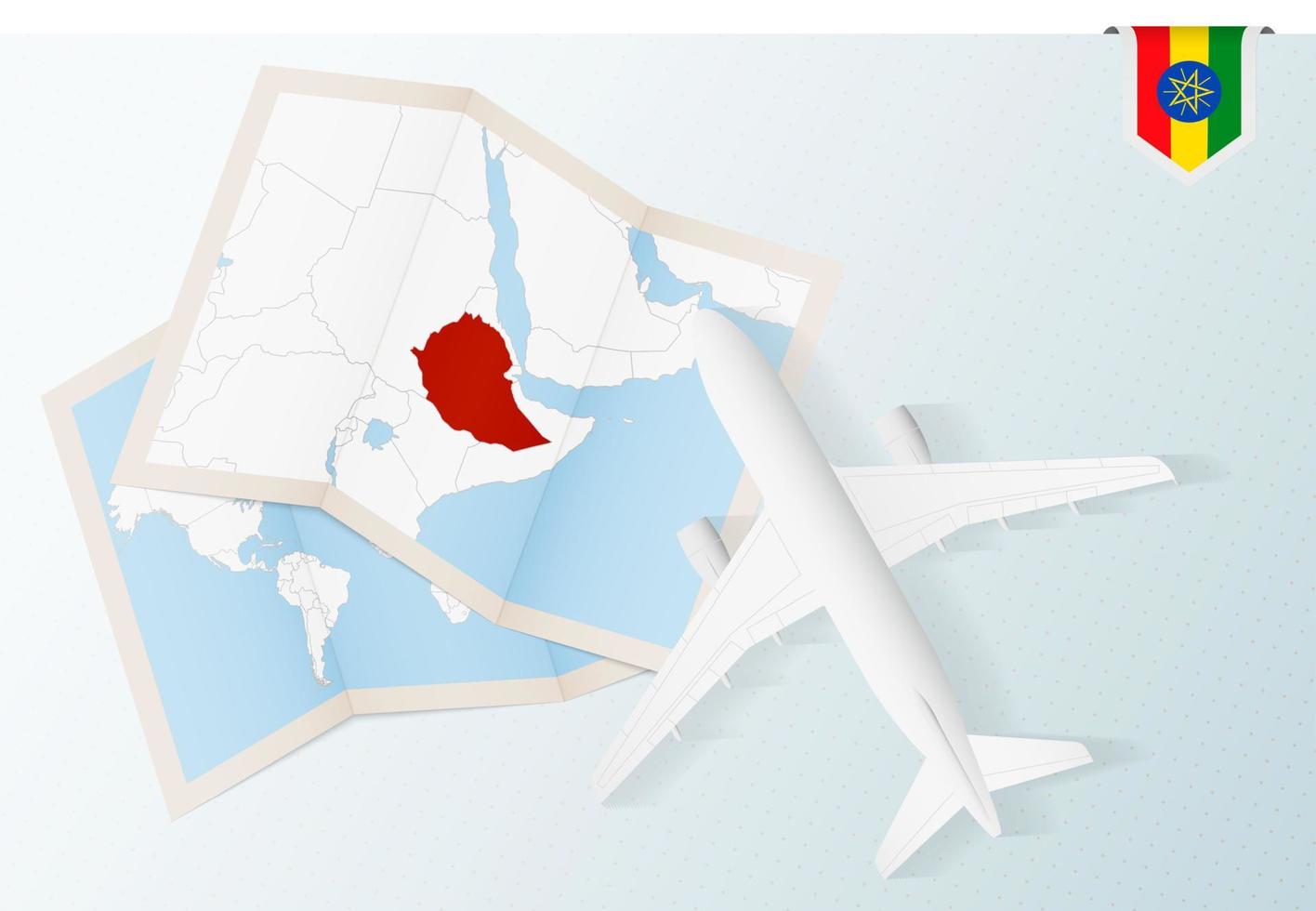 viaje a etiopía, vista superior del avión con mapa y bandera de etiopía. vector