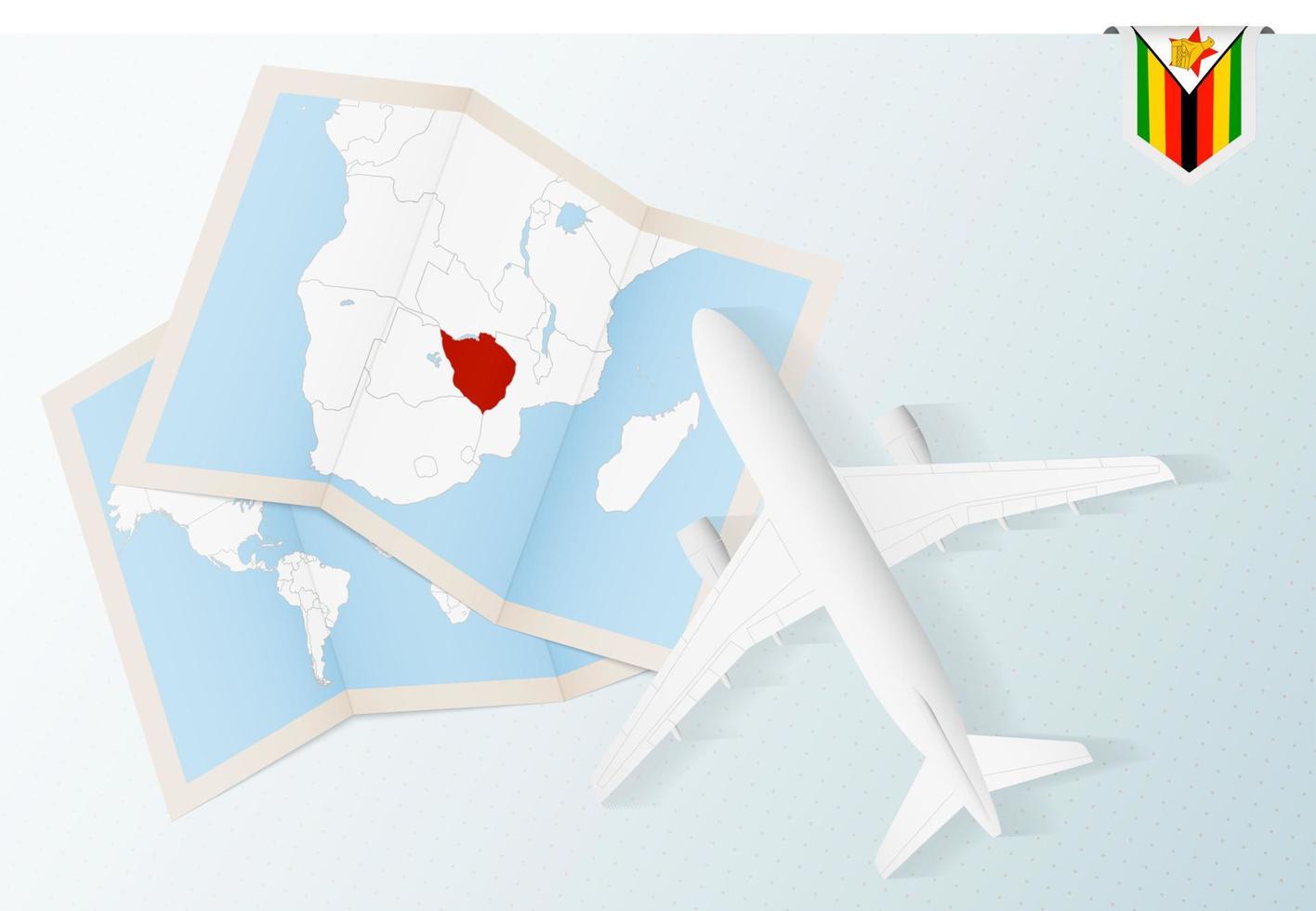 Travel to Zimbabwe, top view airplane with map and flag of Zimbabwe. vector