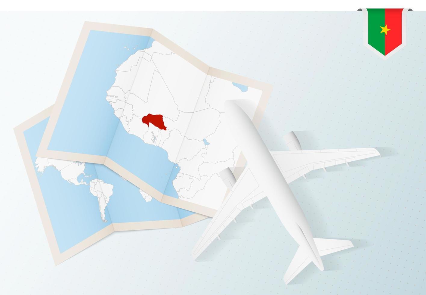 viaje a burkina faso, vista superior del avión con mapa y bandera de burkina faso. vector