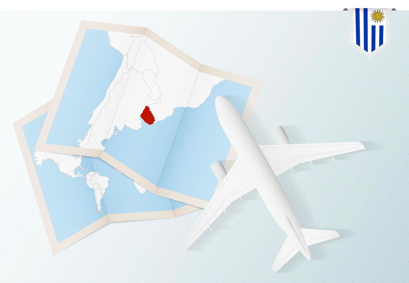 Travel to Uruguay, top view airplane with map and flag of Uruguay. vector