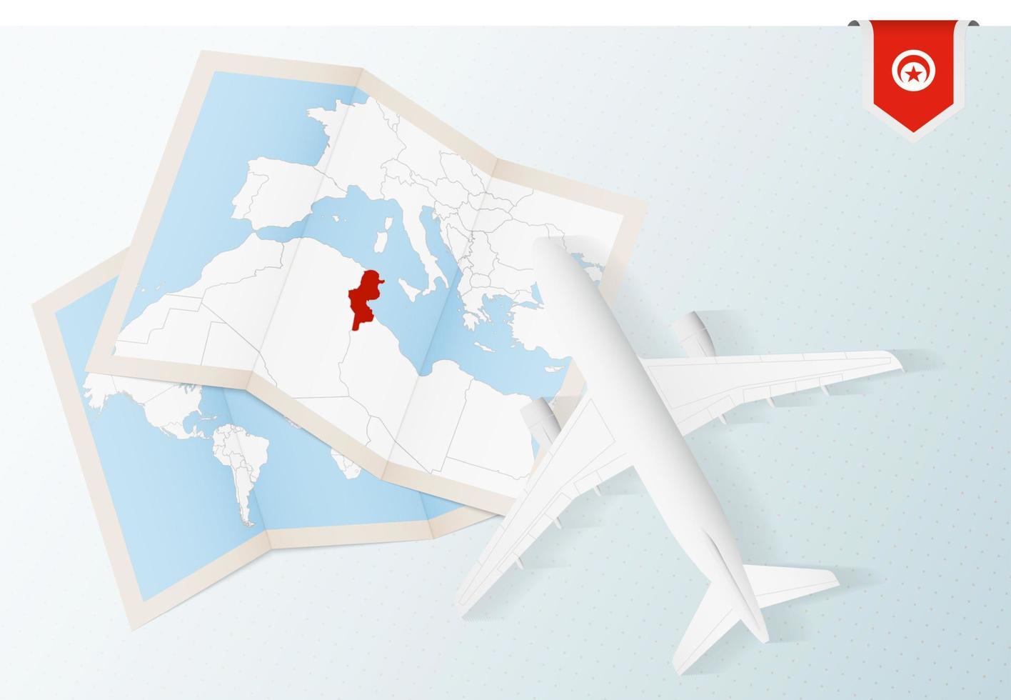 Travel to Tunisia, top view airplane with map and flag of Tunisia. vector