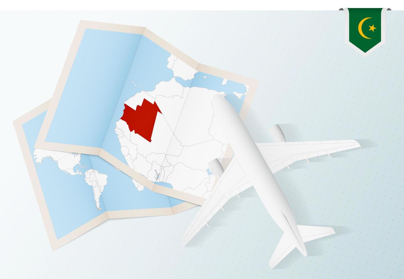 viaje a mauritania, avión de vista superior con mapa y bandera de mauritania. vector