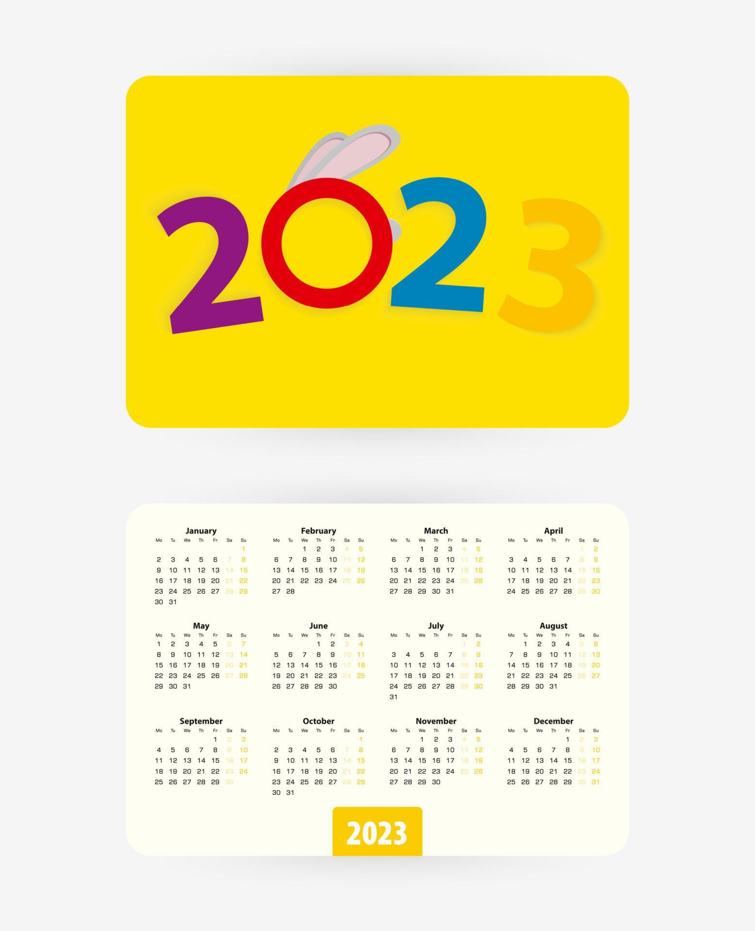 2023 pocket calendar with colorful numbers of year 2023 and Rabbit ears. 16371055 Vector Art at