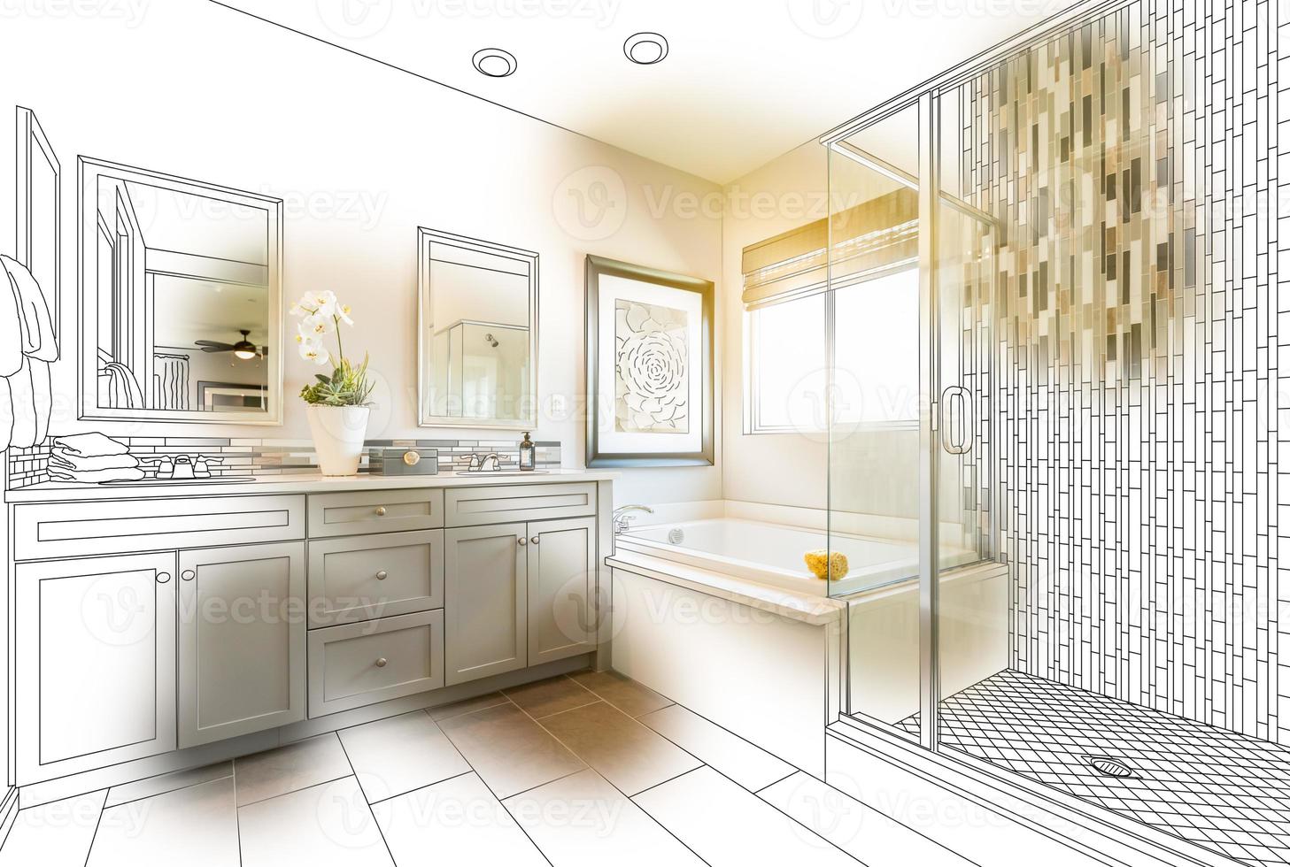 dibujo de diseño de baño principal personalizado con trazo de pincel que revela una foto terminada