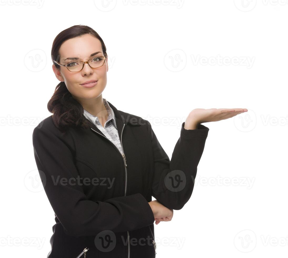 Confident Mixed Race Businesswoman Gesturing with Hand to the Side photo