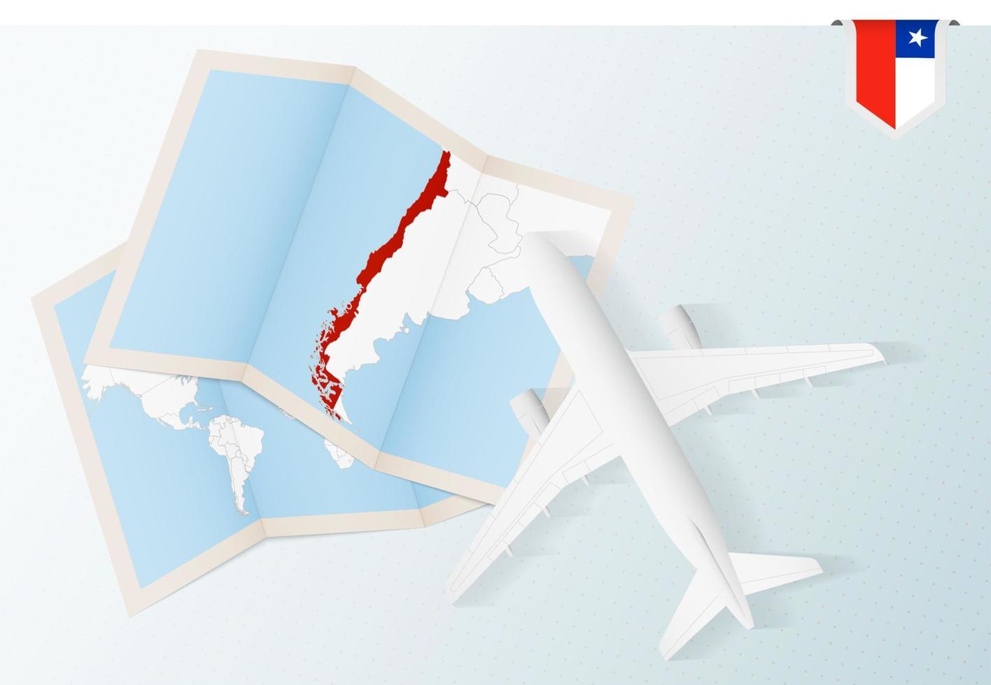 viaje a chile, vista superior de avión con mapa y bandera de chile. vector